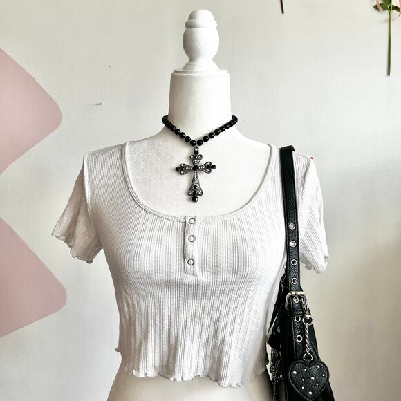 Gray Ribbed Henley Crop Top, Y2K, Minimalist, Casual, Streetwear, Clean Girl, XS - Picture 1 of 5